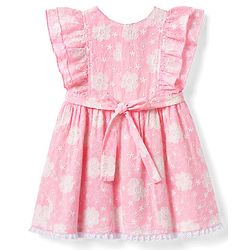 Babyhug Cotton Woven Half Frill Sleeves Floral Embroidered Frock With Bow Applique - Pink
