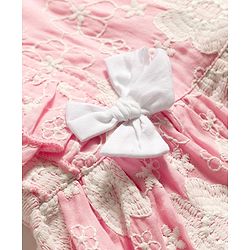Babyhug Cotton Woven Half Frill Sleeves Floral Embroidered Frock With Bow Applique - Pink