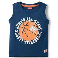 Babyhug Cotton Knit Sleeveless T-Shirt With Basketball Print - Navy Blue