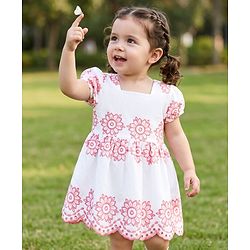 Babyhug Cotton Woven Half Sleeves Floral Embroidered  Frock - White & Pink