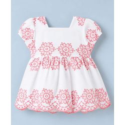 Babyhug Cotton Woven Half Sleeves Floral Embroidered  Frock - White & Pink