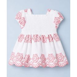 Babyhug Cotton Woven Half Sleeves Floral Embroidered  Frock - White & Pink