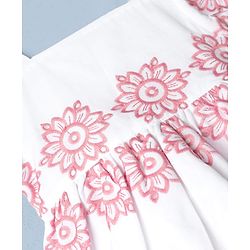 Babyhug Cotton Woven Half Sleeves Floral Embroidered  Frock - White & Pink