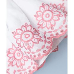 Babyhug Cotton Woven Half Sleeves Floral Embroidered  Frock - White & Pink