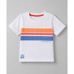 Babyhug 100% Cotton Knit Half Sleeves Striped & Text Printed T-Shirt With Beach Theme Patch - White