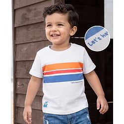 Babyhug 100% Cotton Knit Half Sleeves Striped & Text Printed T-Shirt With Beach Theme Patch - White