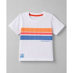 Babyhug 100% Cotton Knit Half Sleeves Striped & Text Printed T-Shirt With Beach Theme Patch - White