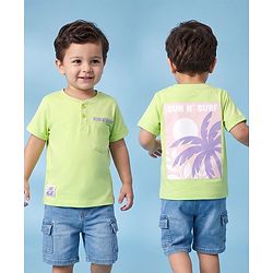 Babyhug 100% Cotton Knit Half Sleeves Henley Neck T-Shirt with Front & Back Tropical Theme Print - Light Green