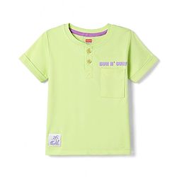 Babyhug 100% Cotton Knit Half Sleeves Henley Neck T-Shirt with Front & Back Tropical Theme Print - Light Green