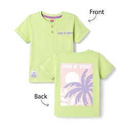 Babyhug 100% Cotton Knit Half Sleeves Henley Neck T-Shirt with Front & Back Tropical Theme Print - Light Green