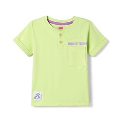 Babyhug 100% Cotton Knit Half Sleeves Henley Neck T-Shirt with Front & Back Tropical Theme Print - Light Green