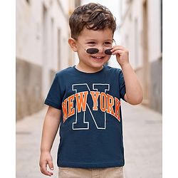 Babyhug 100% Cotton Knit Half Sleeves T-Shirt With New York Print - Navy Blue