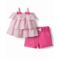 Babyhug Single Jersey Knit Sleeveless Top & Shorts Set with Heart Print & Bow Applique - Pink