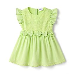 Babyhug Cotton Woven Flutter Sleeves Frock With Bow Applique - Light Green
