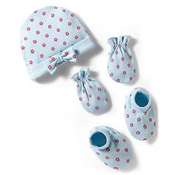 Babyhug 100% Cotton Interlock Knit Cap Mittens & Booties With Floral Print Multicolor - Diameter 10.5 cm