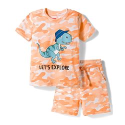 Babyhug Single Jersey Knit Half Sleeves T-Shirt & Shorts Co-ord  Set With Dino Print - Orange