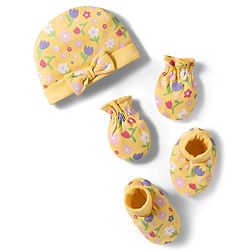 Babyhug 100% Cotton Knit Cap Mittens & Booties With Floral Print Multicolor - Diameter 9.5 cm