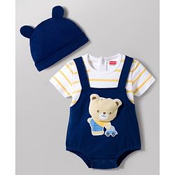 Babyhug 100 % Cotton Knit Half Sleeves Striped & Bear Printed Onesie With Cap - Multicolour