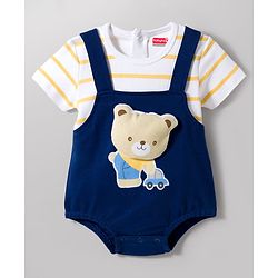 Babyhug 100 % Cotton Knit Half Sleeves Striped & Bear Printed Onesie With Cap - Multicolour