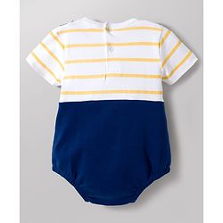 Babyhug 100 % Cotton Knit Half Sleeves Striped & Bear Printed Onesie With Cap - Multicolour