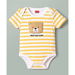 Babyhug 100% Cotton Interlock Knit Striped Onesie With Bear Applique - Yellow