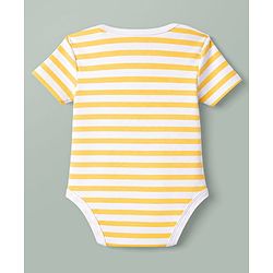 Babyhug 100% Cotton Interlock Knit Striped Onesie With Bear Applique - Yellow