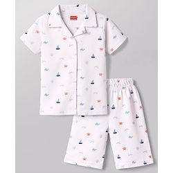 Babyhug Cotton Knit Half Sleeves Shirt & Shorts Co-ord Night Suit with Boat & Sea Animals Print - White