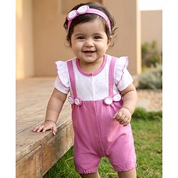 Babyhug 100% Cotton Knit Half Sleeves Polka Dot Printed Romper With Hairband & Bow Applique - Multicolor