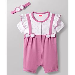 Babyhug 100% Cotton Knit Half Sleeves Polka Dot Printed Romper With Hairband & Bow Applique - Multicolor