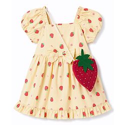 Babyhug 100% Cotton Woven Half Sleeves Strawberry Printed Frock With Bow Applique & Sling Bag - Yellow