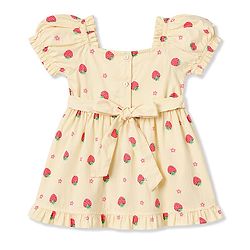 Babyhug 100% Cotton Woven Half Sleeves Strawberry Printed Frock With Bow Applique & Sling Bag - Yellow
