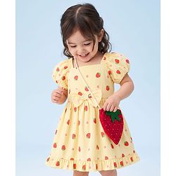 Babyhug 100% Cotton Woven Half Sleeves Strawberry Printed Frock With Bow Applique & Sling Bag - Yellow