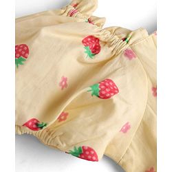 Babyhug 100% Cotton Woven Half Sleeves Strawberry Printed Frock With Bow Applique & Sling Bag - Yellow