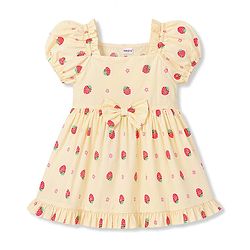 Babyhug 100% Cotton Woven Half Sleeves Strawberry Printed Frock With Bow Applique & Sling Bag - Yellow