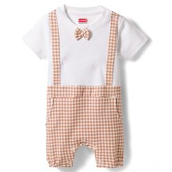Babyhug 100% Cotton Knit Half Sleeves Checkered Romper with Bow Applique - Multicolor