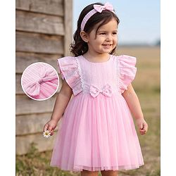 Babyhug Woven Half Frill Sleeves Striped Frock With Bow Applique & Lace Detailing & Headband - Pink
