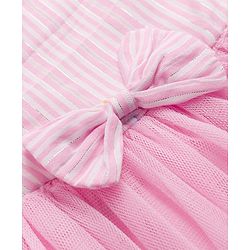 Babyhug Woven Half Frill Sleeves Striped Frock With Bow Applique & Lace Detailing & Headband - Pink
