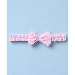 Babyhug Woven Half Frill Sleeves Striped Frock With Bow Applique & Lace Detailing & Headband - Pink