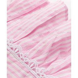 Babyhug Woven Half Frill Sleeves Striped Frock With Bow Applique & Lace Detailing & Headband - Pink