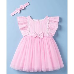 Babyhug Woven Half Frill Sleeves Striped Frock With Bow Applique & Lace Detailing & Headband - Pink