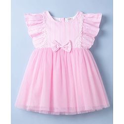 Babyhug Woven Half Frill Sleeves Striped Frock With Bow Applique & Lace Detailing & Headband - Pink