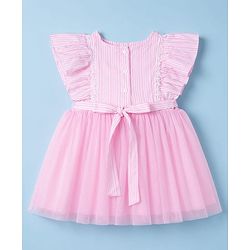 Babyhug Woven Half Frill Sleeves Striped Frock With Bow Applique & Lace Detailing & Headband - Pink