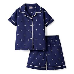 Babyhug Cotton Knit Half Sleeves Shirt & Shorts Co-ord Night Suit with Anchor Print - Navy Blue
