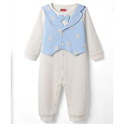 Babyhug 100% Cotton Knit Full Sleeves Star Printed Party Romper With Attached Wasit - White & Light Blue