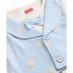 Babyhug 100% Cotton Knit Full Sleeves Star Printed Party Romper With Attached Wasit - White & Light Blue