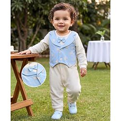 Babyhug 100% Cotton Knit Full Sleeves Star Printed Party Romper With Attached Wasit - White & Light Blue