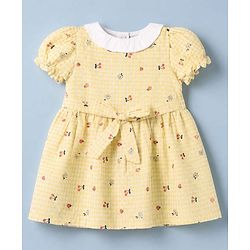 Babyhug Cotton Mixes Woven Frock with Half Sleeves and Floral Print - Yellow