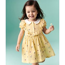 Babyhug Cotton Mixes Woven Frock with Half Sleeves and Floral Print - Yellow