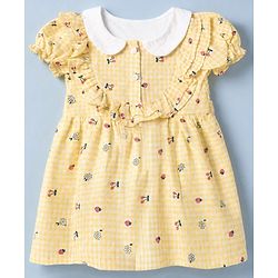 Babyhug Cotton Mixes Woven Frock with Half Sleeves and Floral Print - Yellow