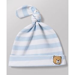 Babyhug 100% Cotton Interlock Knit Half Sleeves Striped Romper With Bunny Detailing & Cap - Light Blue